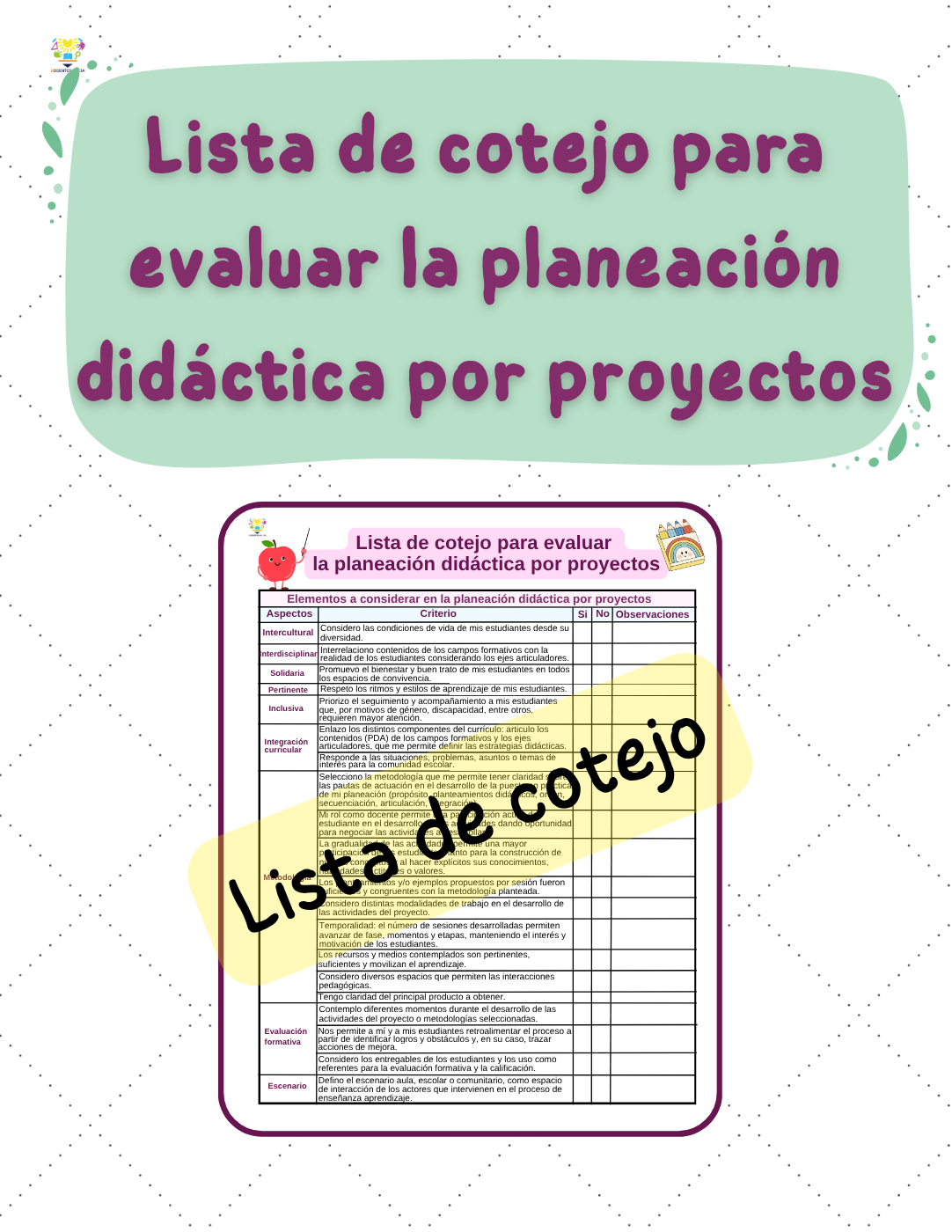 Lista de cotejo para evaluar la planeación didáctica por proyectos