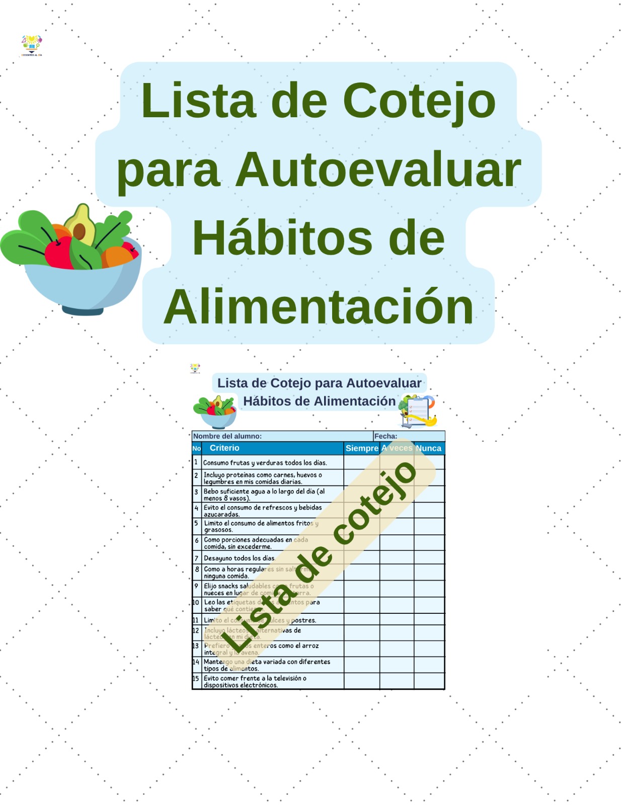 Lista de cotejo para autoevaluar hábitos alimenticios