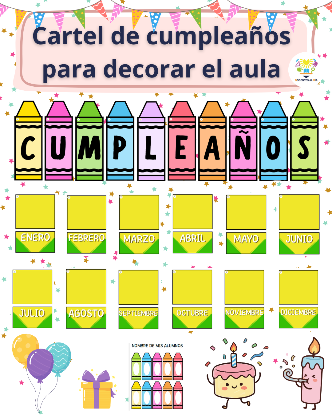 Cartel de cumpleaños tipo crayón para decorar el aula