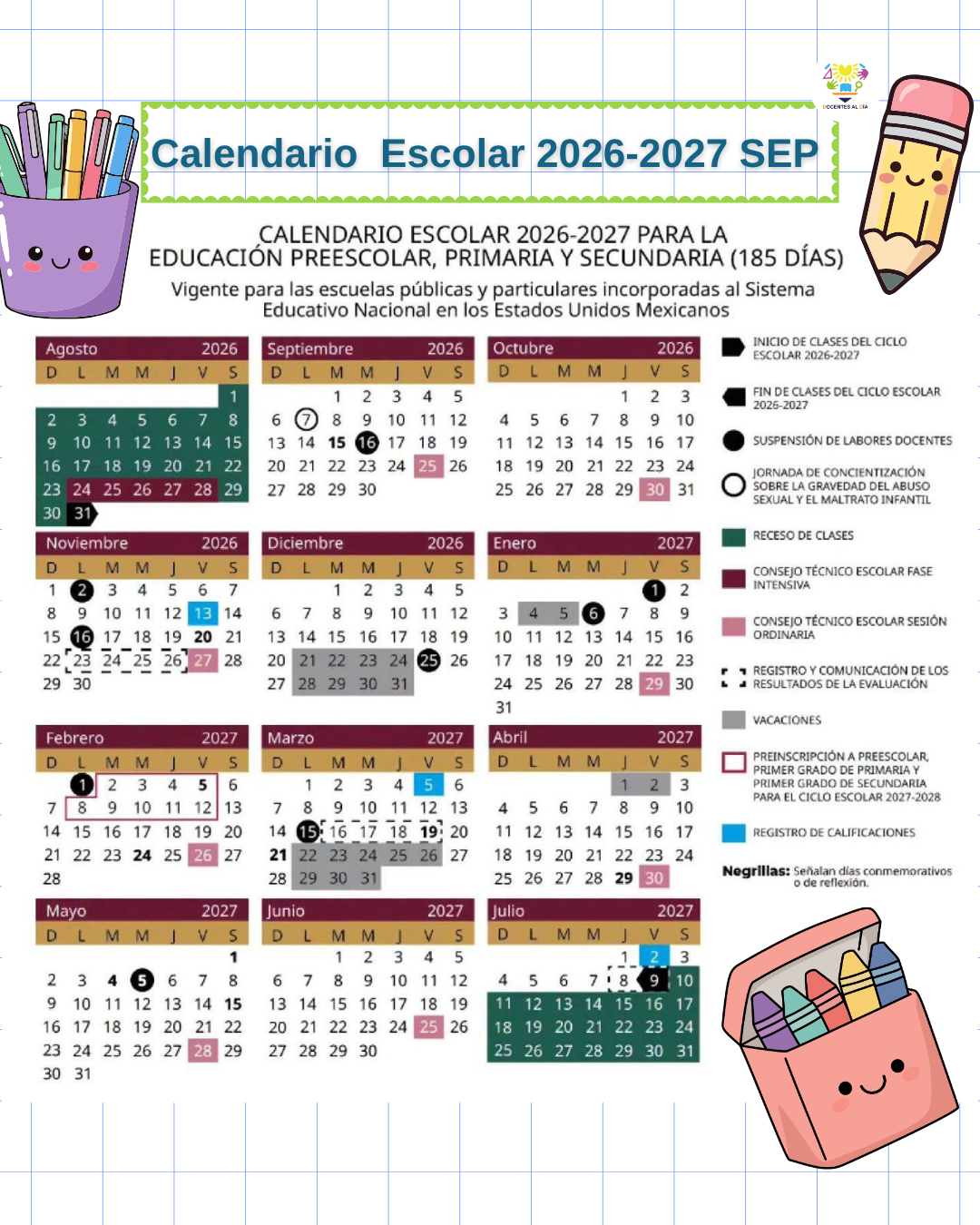 Calendario Escolar SEP 2026-2027 para imprimir
