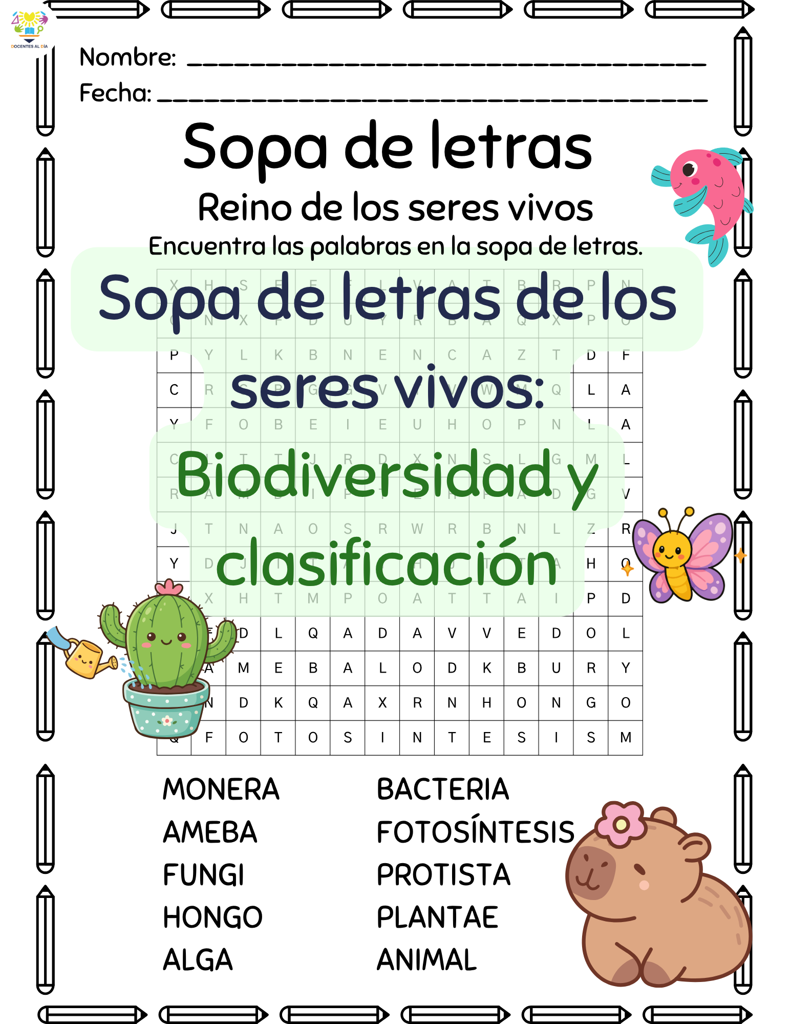 Sopa de letras de los seres vivos:  Biodiversidad y clasificación