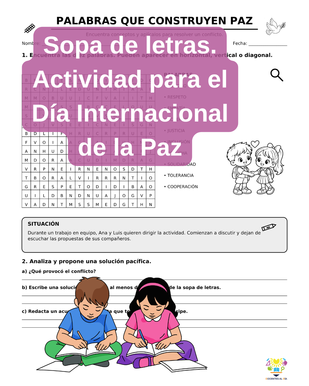 Sopa de letras. Actividad para el Día Internacional de la Paz