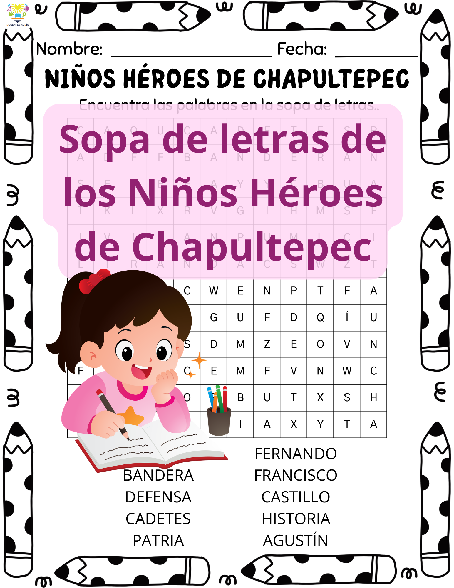 Sopa de letras de los Niños Héroes de Chapultepec