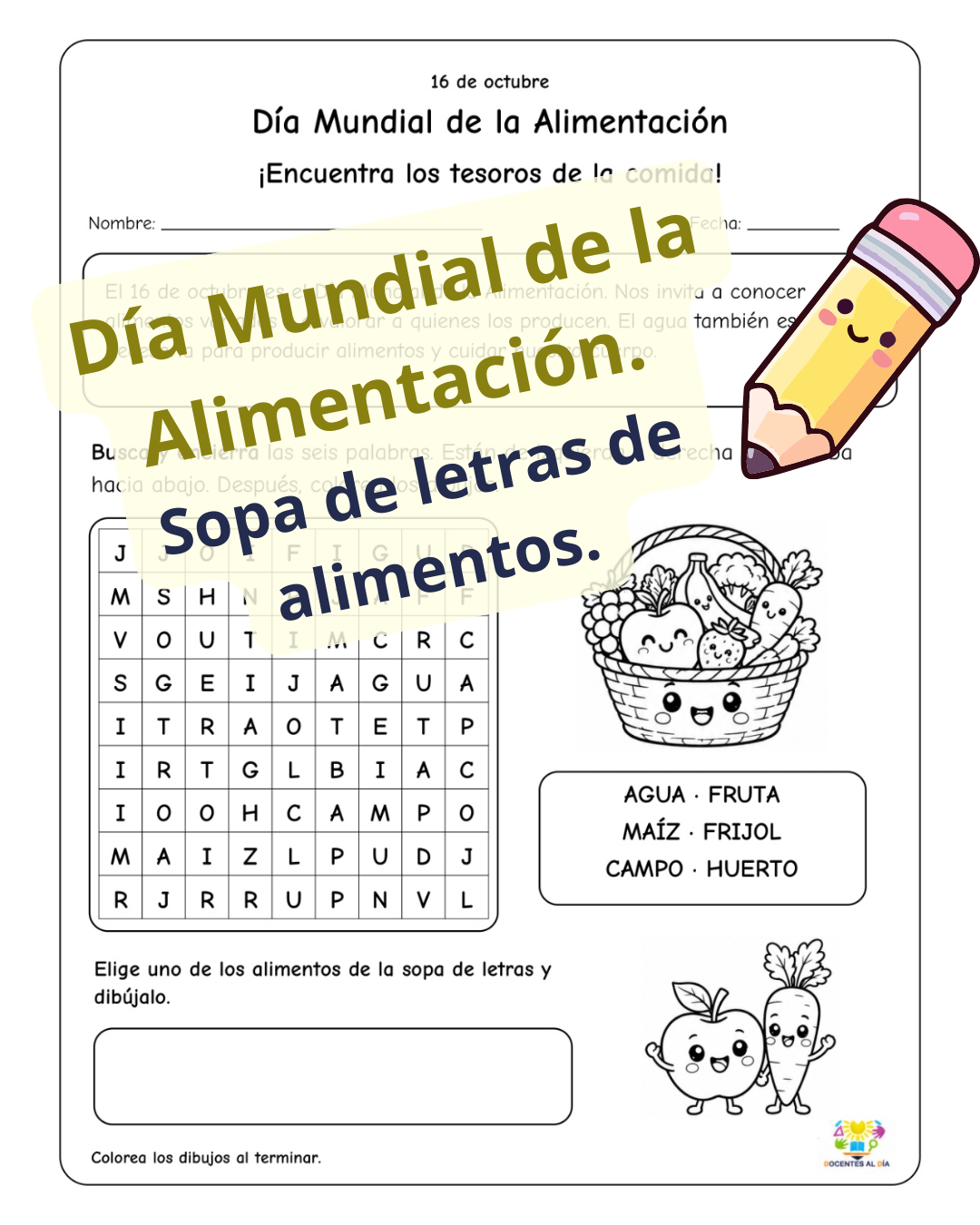 Día Mundial de la Alimentación. Sopa de letras de alimentos