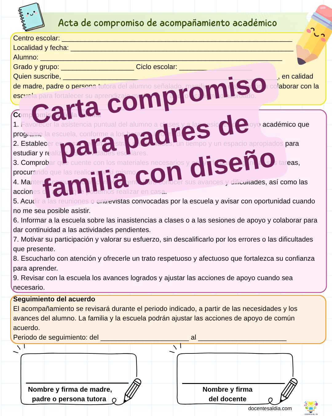 Formato de carta compromiso para padres de familia con diseño