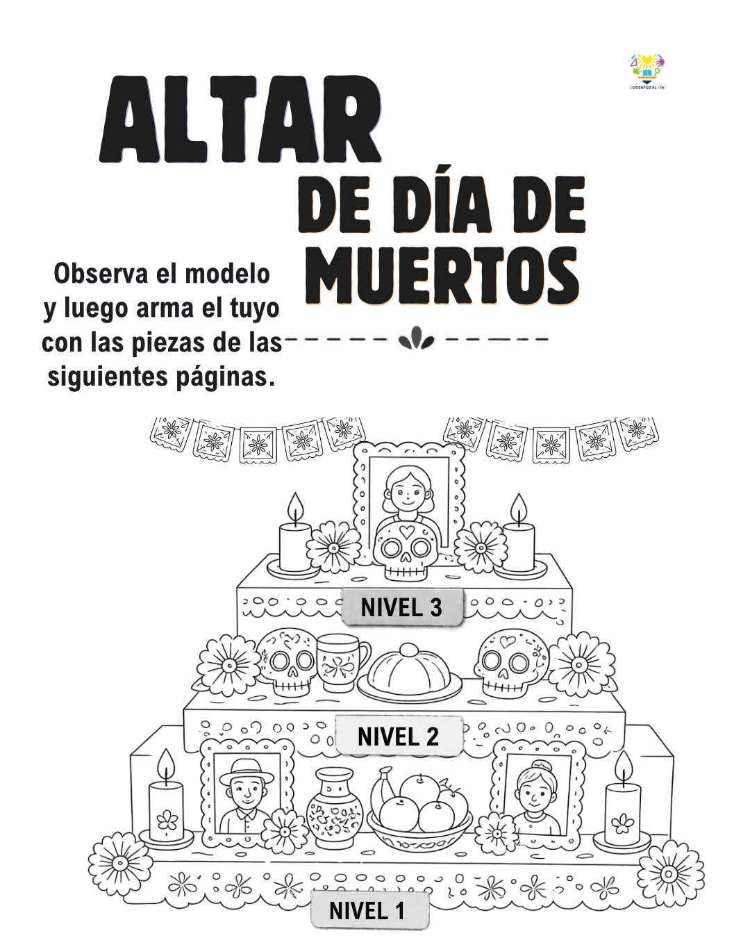 Altar de Día de Muertos para imprimir, colorear y armar