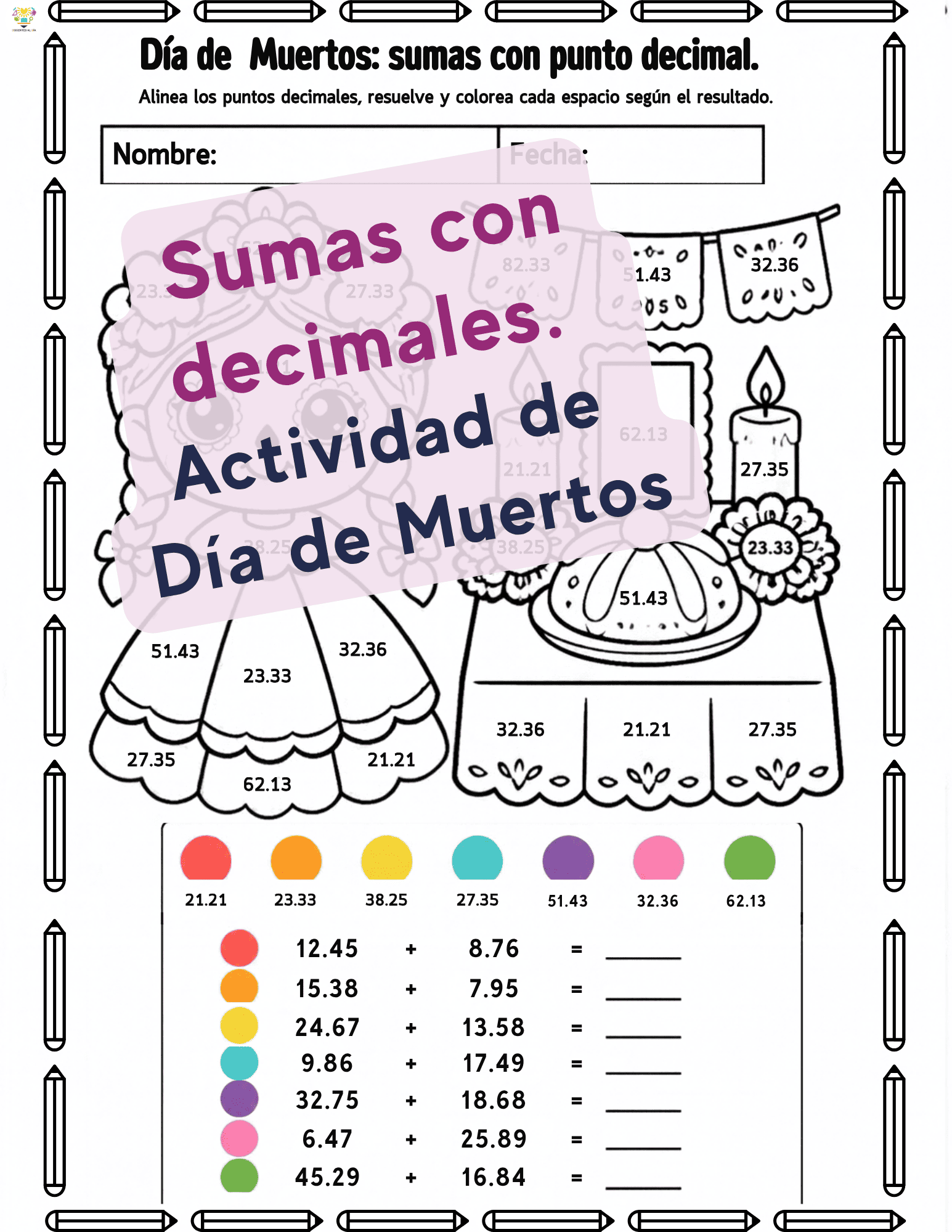 Sumas con decimales. Actividad de Día de Muertos